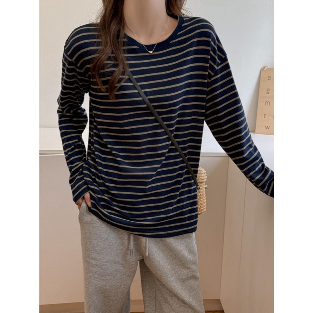 現+預 休閒百搭 條紋圓領長袖T恤 慵懶內搭顯瘦上衣 *3色 (S-XL) | kukuta-細節圖6