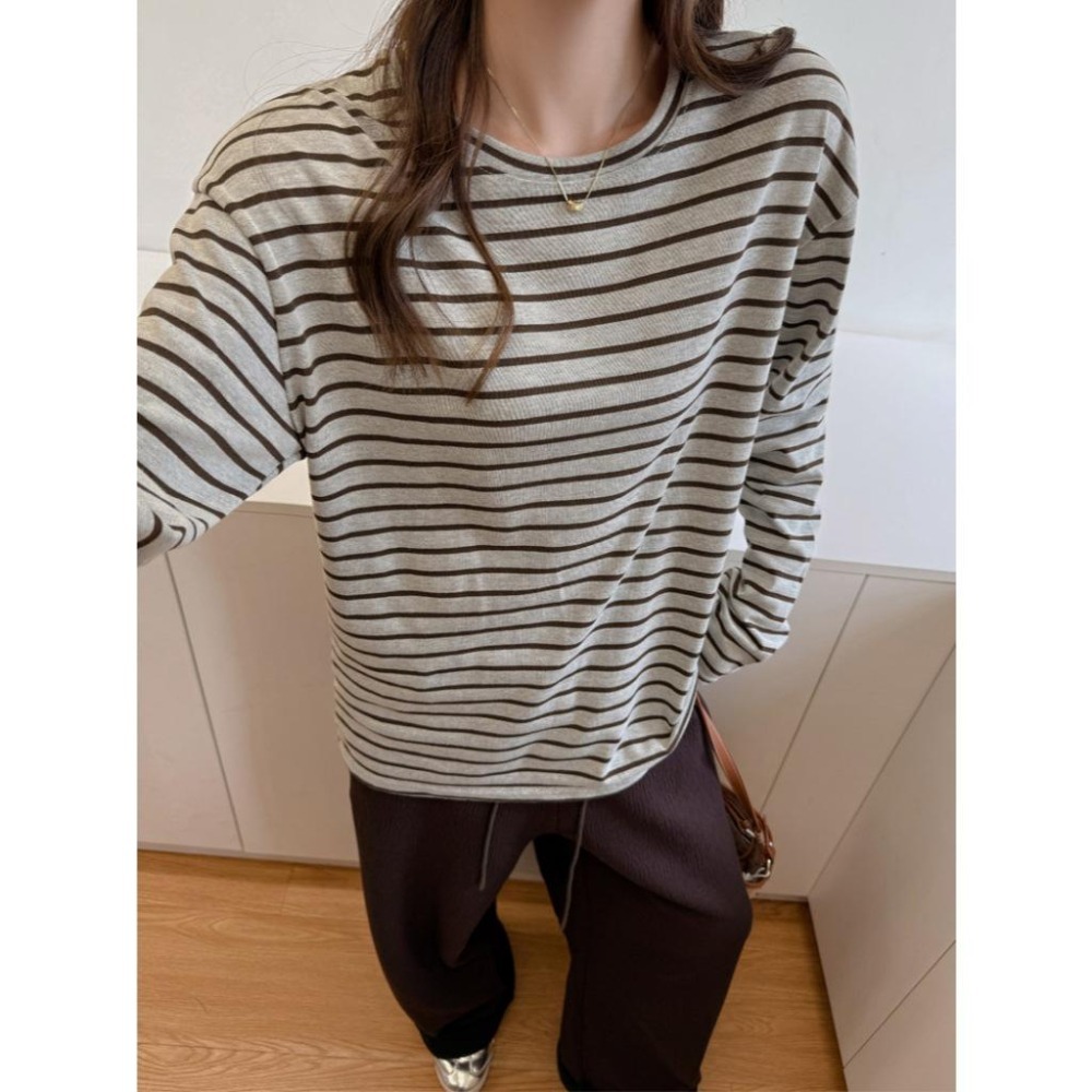 現+預 休閒百搭 條紋圓領長袖T恤 慵懶內搭顯瘦上衣 *3色 (S-XL) | kukuta-細節圖7