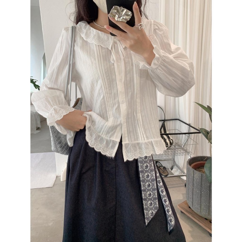 白色花葉邊長袖襯衫 甜美氣質上衣*3款 | kukuta-細節圖2