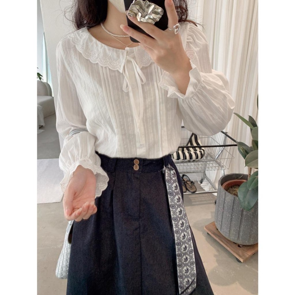 白色花葉邊長袖襯衫 甜美氣質上衣*3款 | kukuta-細節圖5