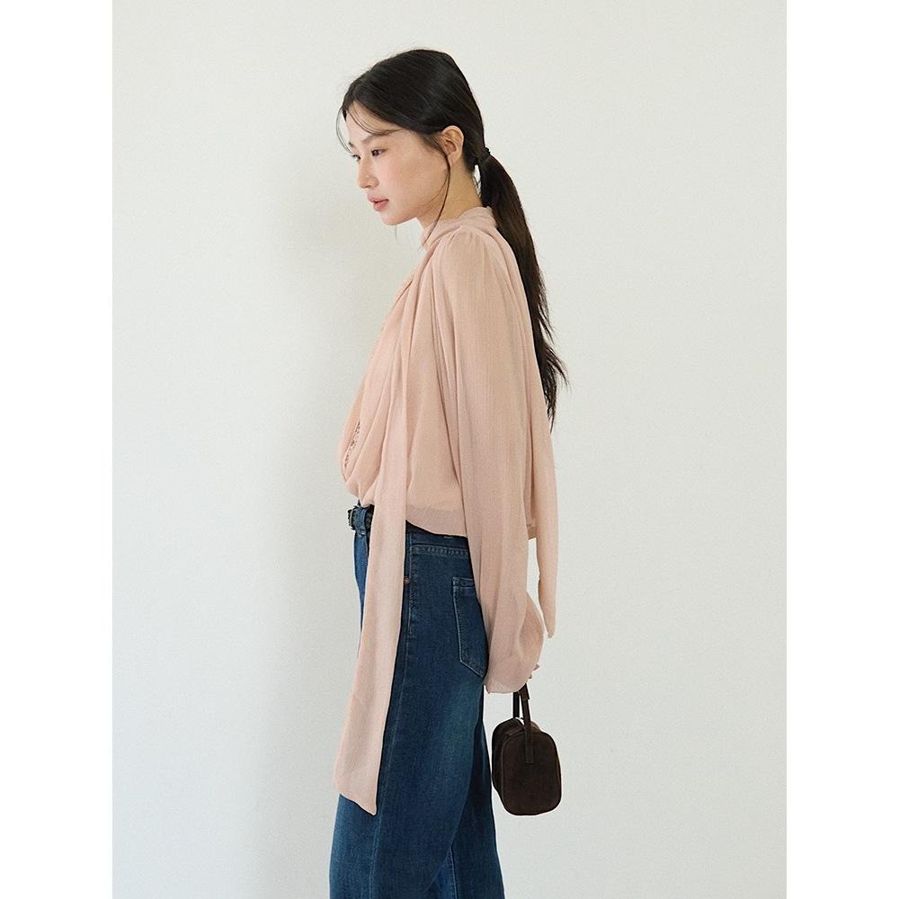 約會出遊 蕾絲V領飄帶上衣 短版氣質透膚襯衫 *2色 | kukuta-細節圖9