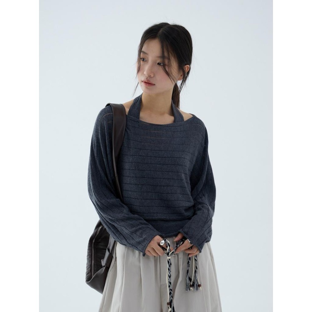 疊穿百搭 6%羊毛 長袖一字領罩衫+掛脖吊帶兩件套 *2色 | kukuta-細節圖2