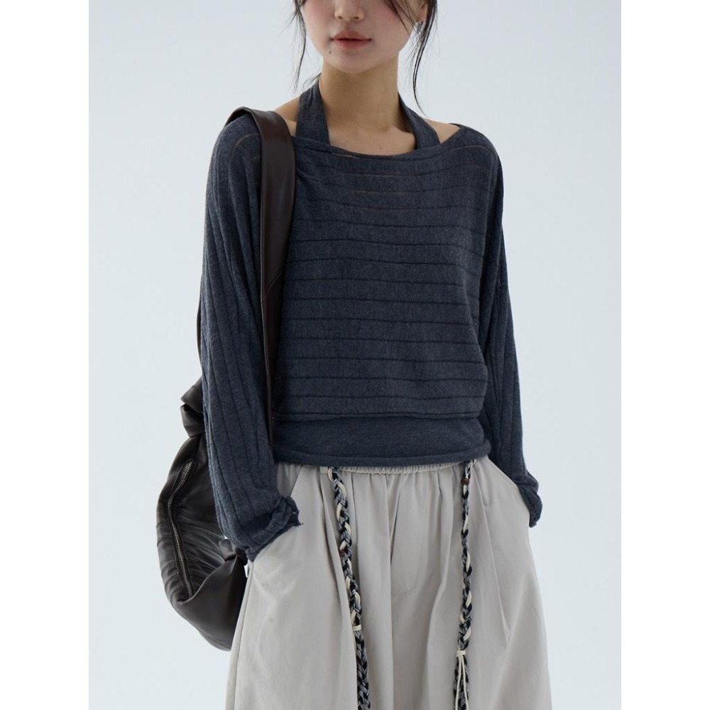 疊穿百搭 6%羊毛 長袖一字領罩衫+掛脖吊帶兩件套 *2色 | kukuta-細節圖8