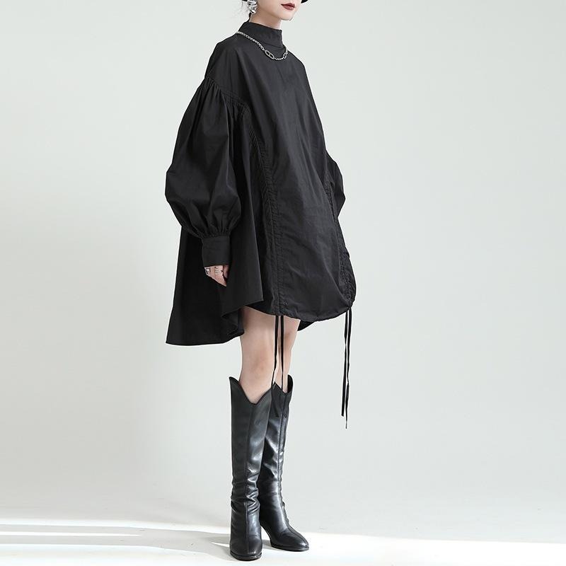 時尚寬鬆 赫本風法式洋裝 抽繩可調節連身裙 *2色 | kukuta-細節圖3