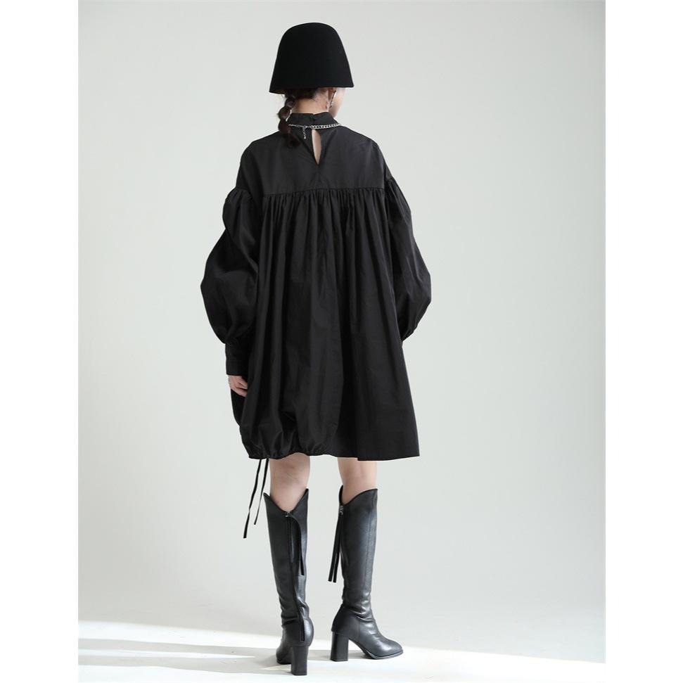 時尚寬鬆 赫本風法式洋裝 抽繩可調節連身裙 *2色 | kukuta-細節圖5