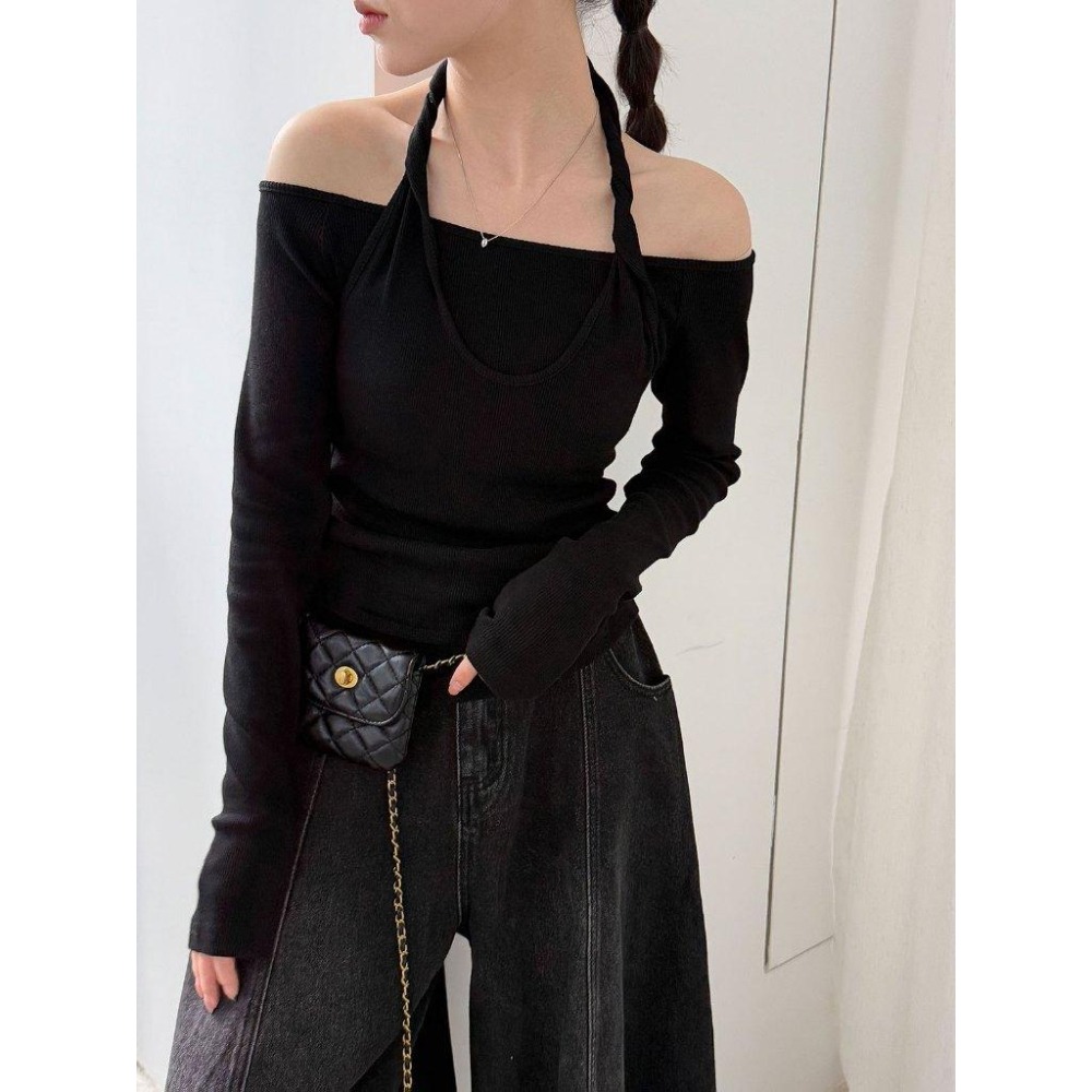 韓系設計感 掛脖假兩件上衣 時髦疊穿長袖衫 *3色 | kukuta-細節圖2