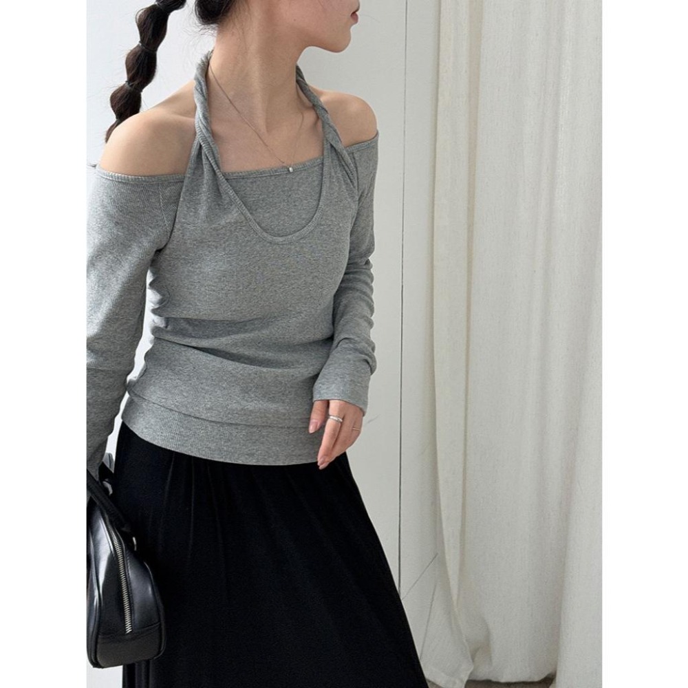 韓系設計感 掛脖假兩件上衣 時髦疊穿長袖衫 *3色 | kukuta-細節圖3