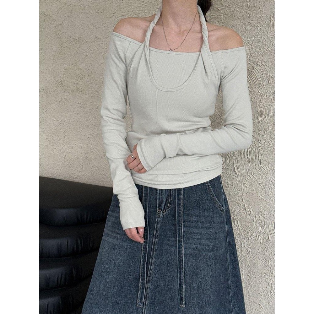 韓系設計感 掛脖假兩件上衣 時髦疊穿長袖衫 *3色 | kukuta-細節圖4