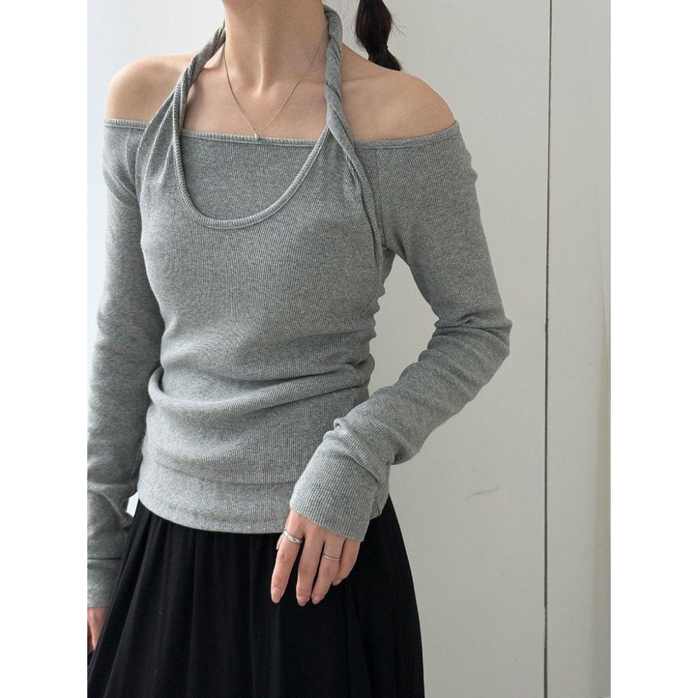 韓系設計感 掛脖假兩件上衣 時髦疊穿長袖衫 *3色 | kukuta-細節圖8