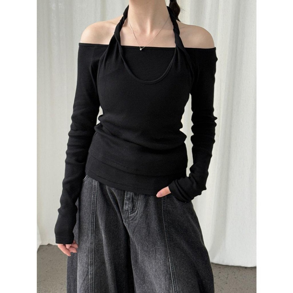 韓系設計感 掛脖假兩件上衣 時髦疊穿長袖衫 *3色 | kukuta-細節圖9