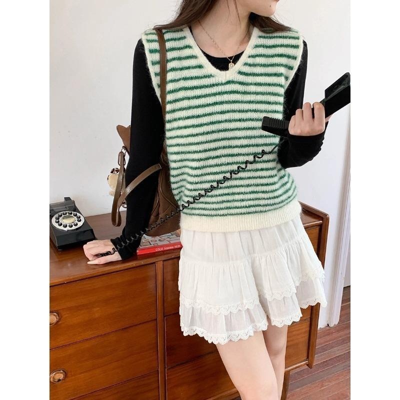 韓系疊穿 8%羊毛 撞色條紋V領針織馬甲背心 *4色 | kukuta-細節圖4