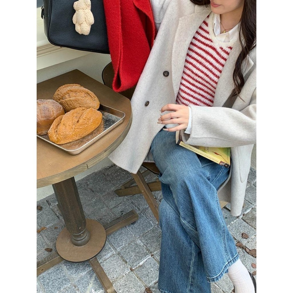 韓系疊穿 8%羊毛 撞色條紋V領針織馬甲背心 *4色 | kukuta-細節圖5