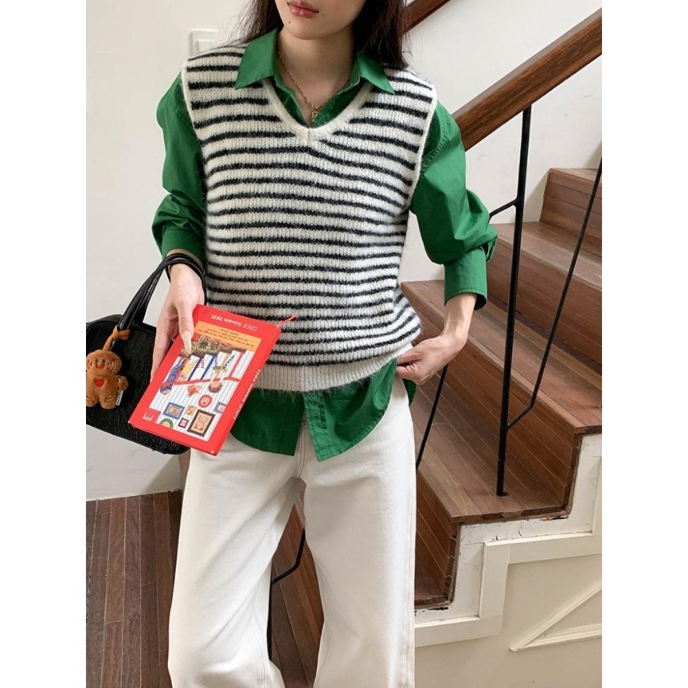 韓系疊穿 8%羊毛 撞色條紋V領針織馬甲背心 *4色 | kukuta-細節圖6