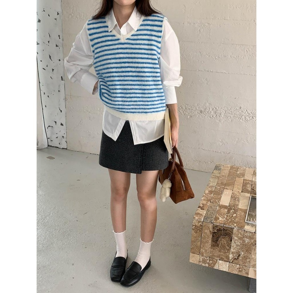 韓系疊穿 8%羊毛 撞色條紋V領針織馬甲背心 *4色 | kukuta-細節圖7