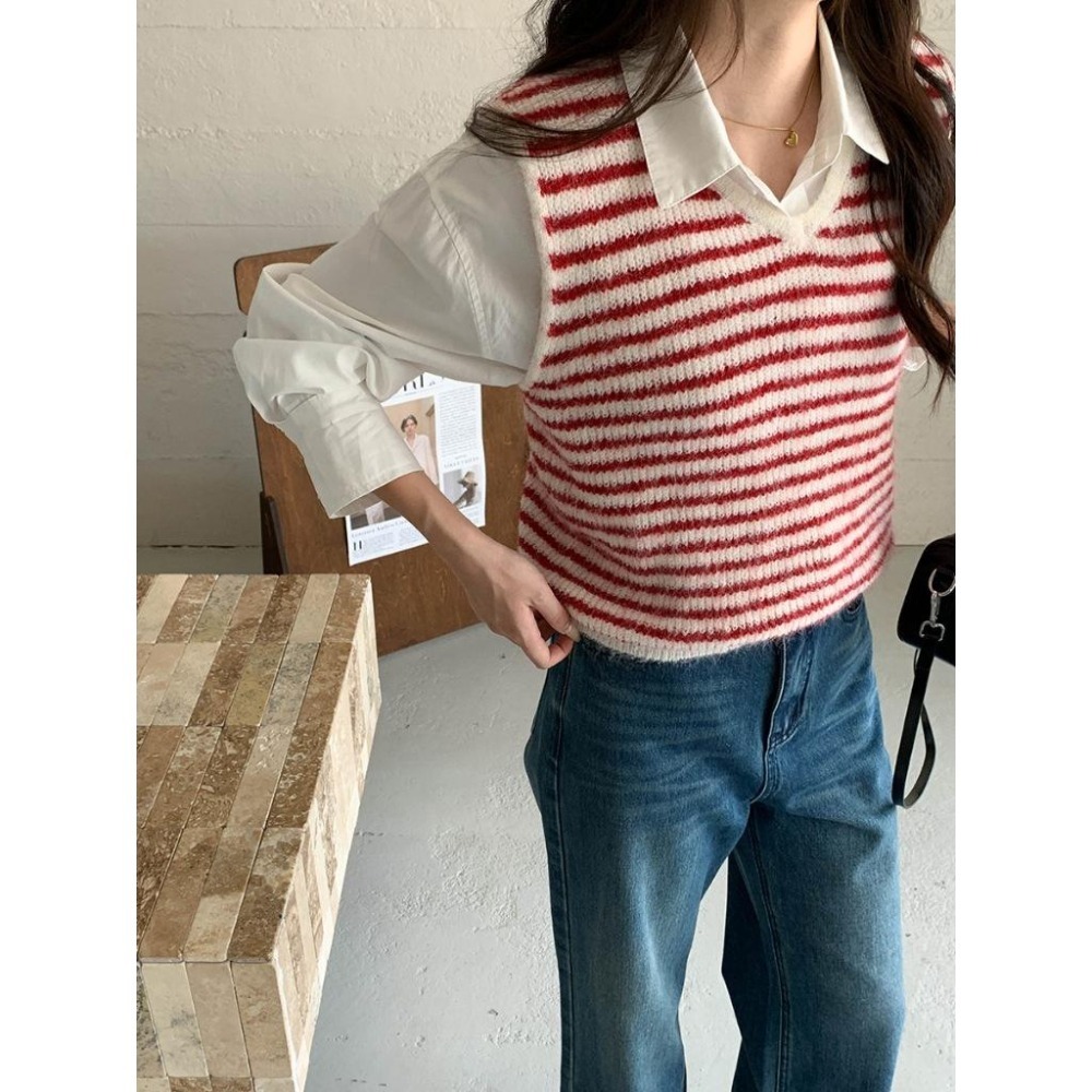 韓系疊穿 8%羊毛 撞色條紋V領針織馬甲背心 *4色 | kukuta-細節圖8