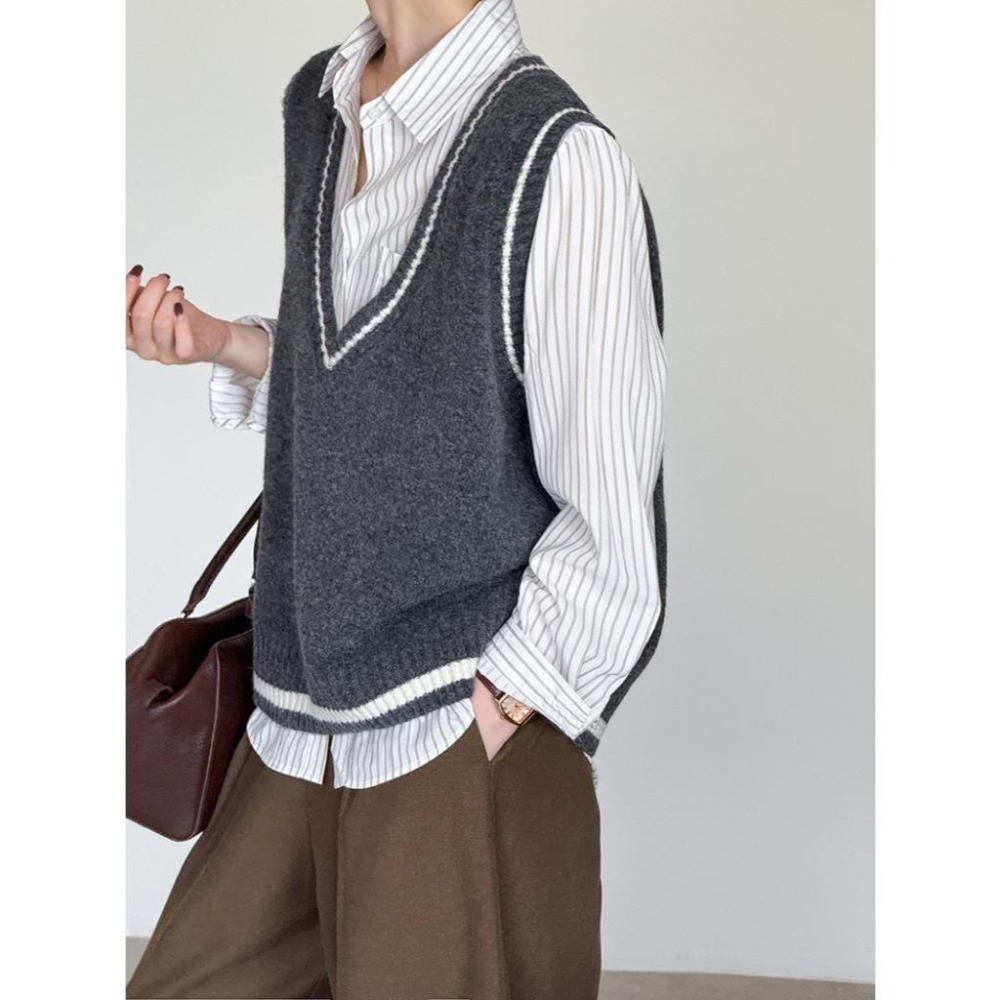 層次穿搭 學院風大V領撞色針織馬甲背心 *3色 | kukuta-細節圖4
