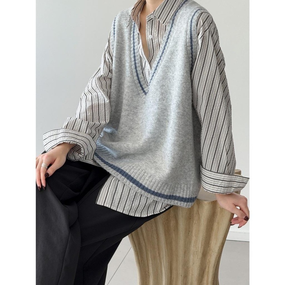層次穿搭 學院風大V領撞色針織馬甲背心 *3色 | kukuta-細節圖6