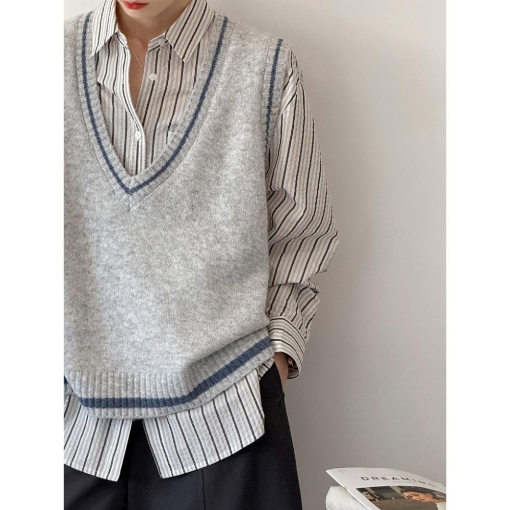 層次穿搭 學院風大V領撞色針織馬甲背心 *3色 | kukuta-細節圖8
