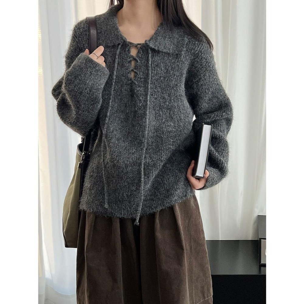 9%羊毛 翻領綁帶針織毛衣 *4色 | kukuta-細節圖2