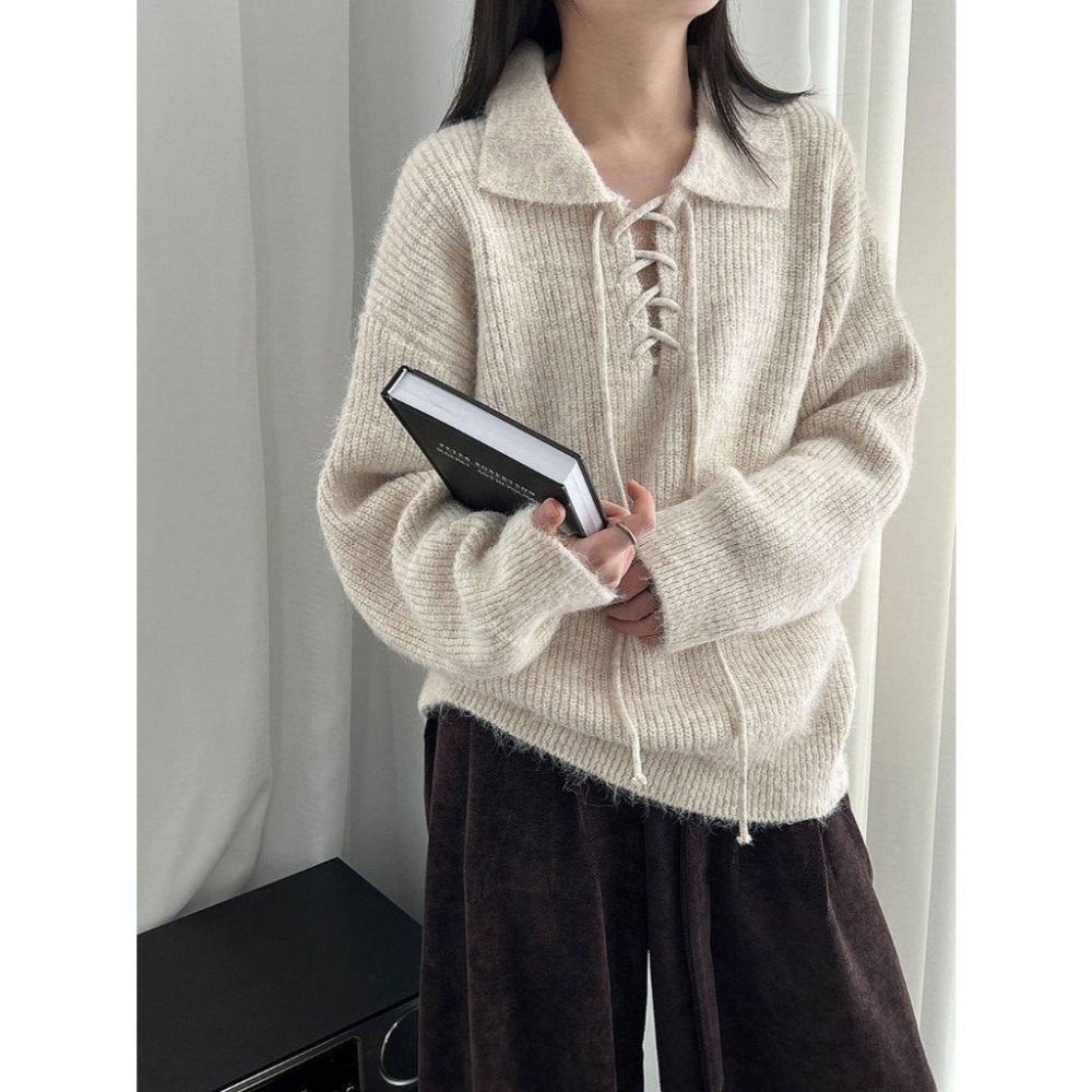 現貨 9%羊毛 翻領綁帶針織毛衣 *4色 | kukuta-細節圖3