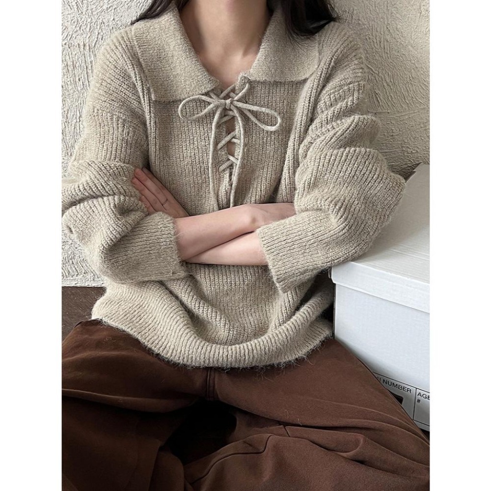 現貨 9%羊毛 翻領綁帶針織毛衣 *4色 | kukuta-細節圖4