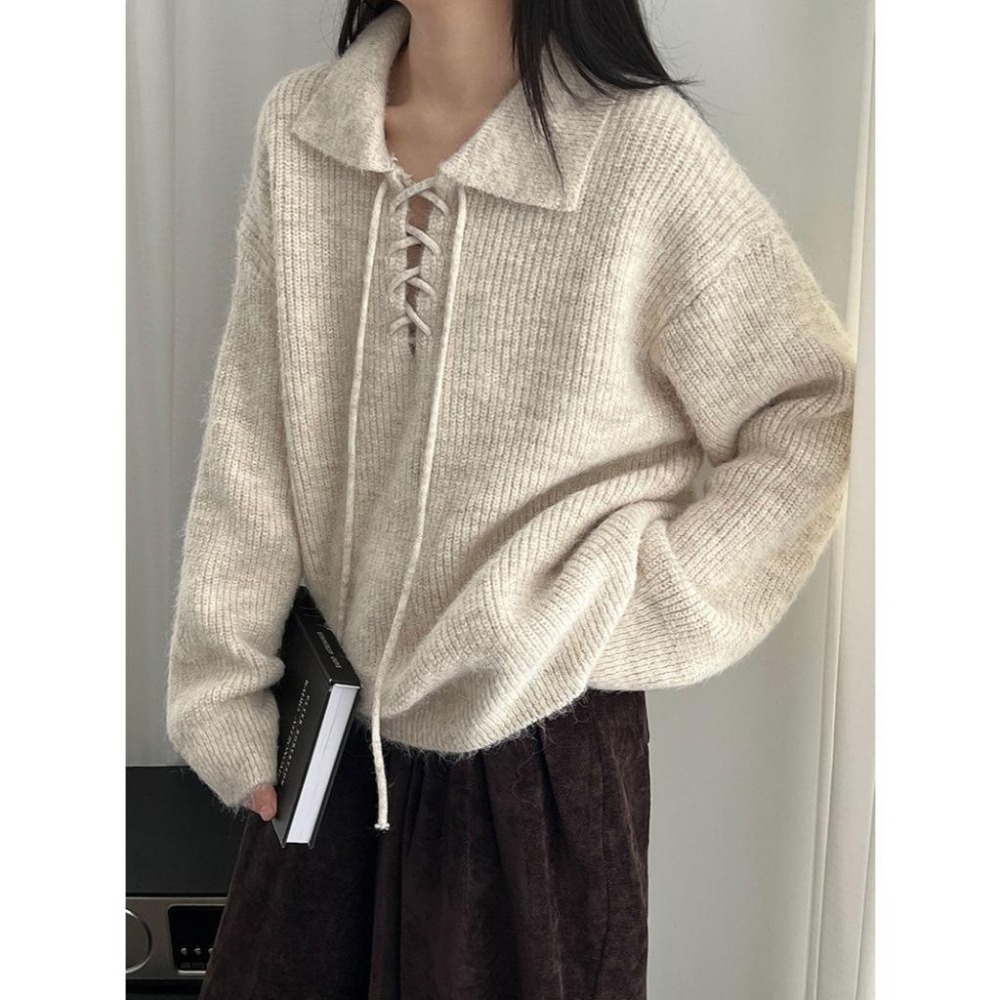 現貨 9%羊毛 翻領綁帶針織毛衣 *4色 | kukuta-細節圖6