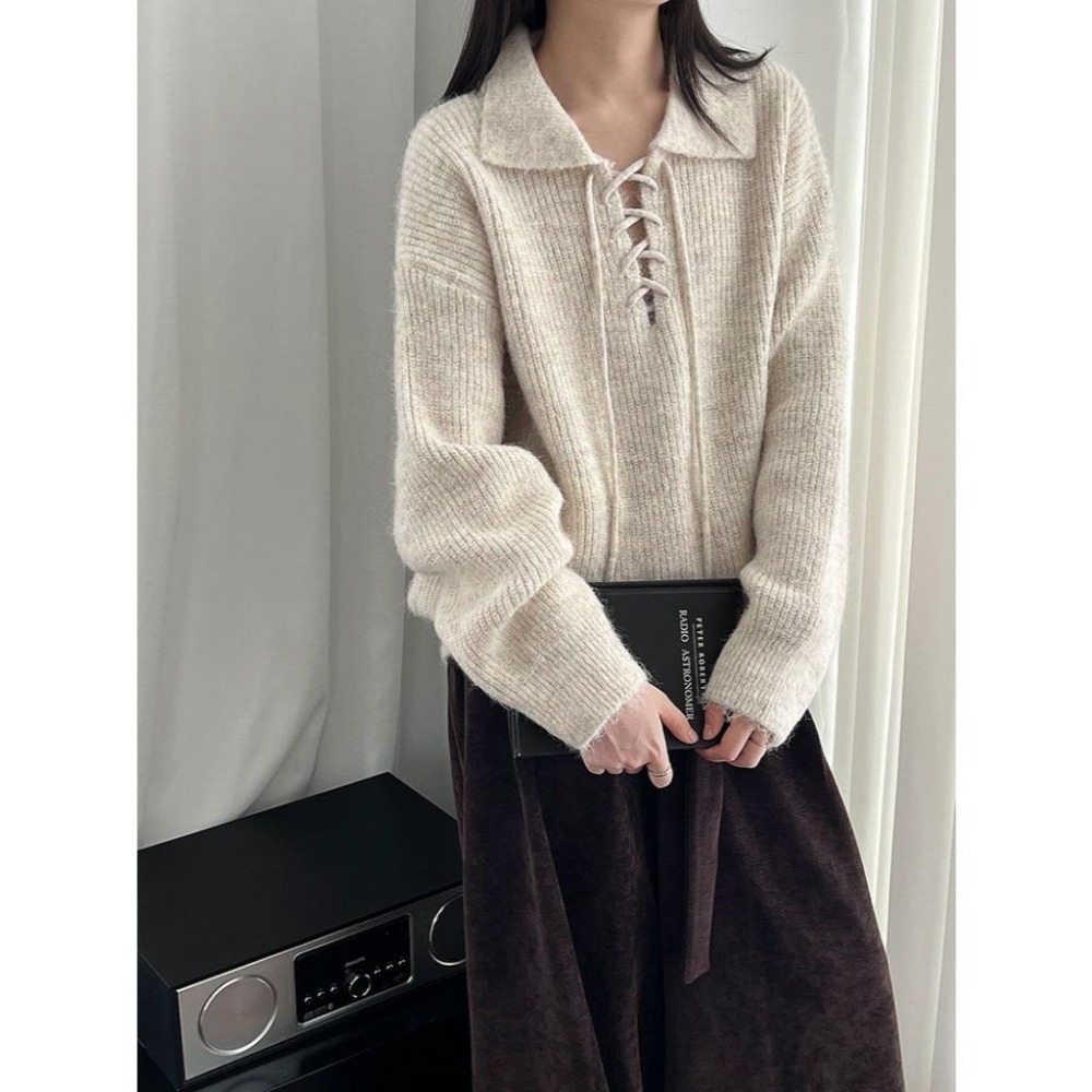 現貨 9%羊毛 翻領綁帶針織毛衣 *4色 | kukuta-細節圖9