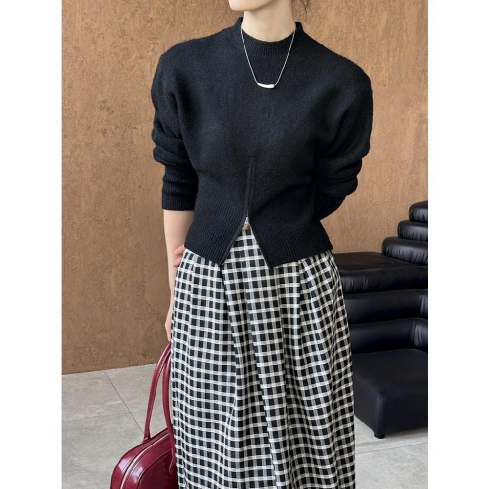 現+預 6%羊毛 修身拉鍊毛衣 圓領收腰針織上衣 *3色 | kukuta-細節圖2