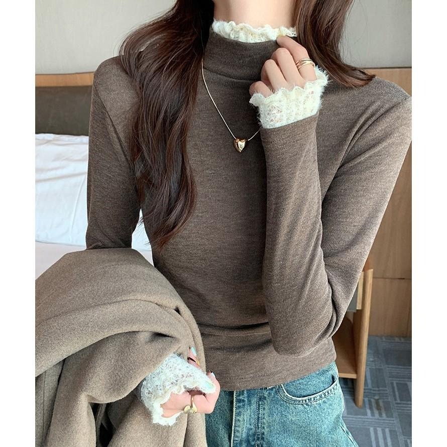 蕾絲拼接內搭上衣 螺紋花邊打底衫 *6色 (M-2XL) | kukuta-細節圖4