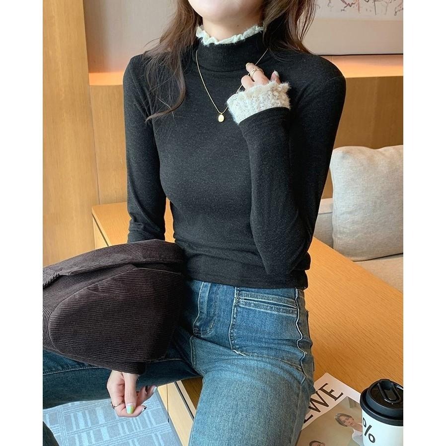 蕾絲拼接內搭上衣 螺紋花邊打底衫 *6色 (M-2XL) | kukuta-細節圖7