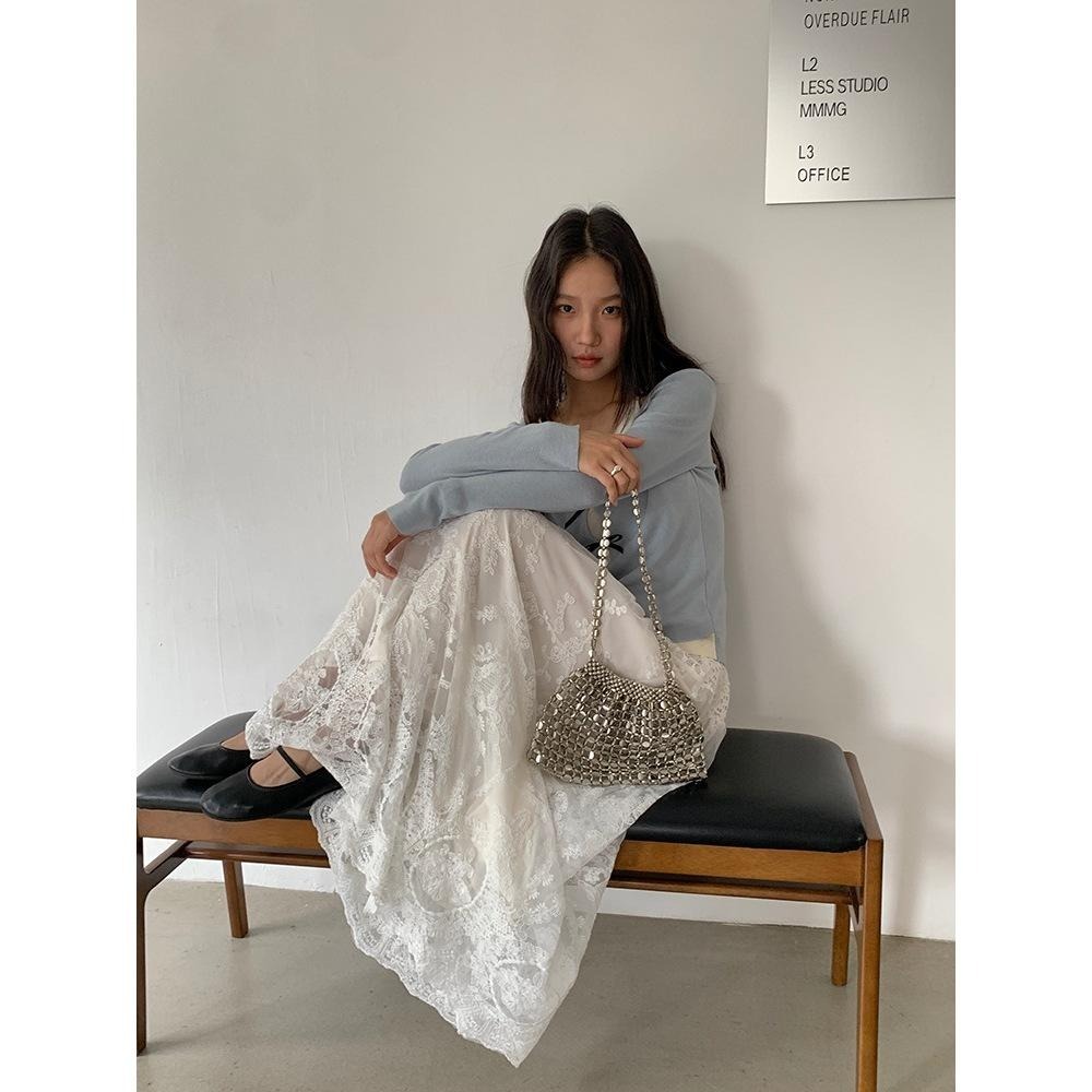 重工蕾絲緹花半身裙 白色長裙  | kukuta-細節圖3