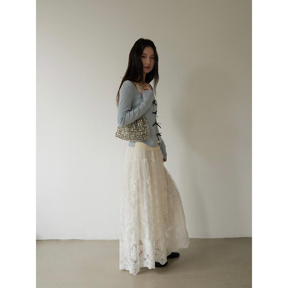 重工蕾絲緹花半身裙 白色長裙  | kukuta-細節圖5