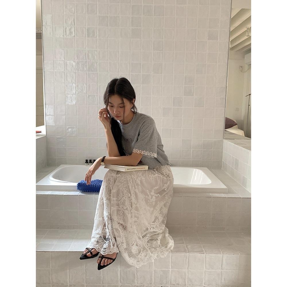 重工蕾絲緹花半身裙 白色長裙  | kukuta-細節圖7