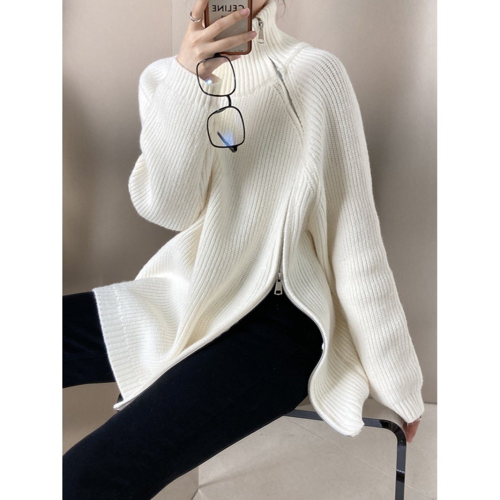 現貨 設計感高領毛衣 雙頭斜拉鏈上衣 *4色 | kukuta-細節圖7