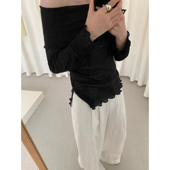 現貨 一字肩木耳花邊微透上衣*2色 | kukuta-細節圖4