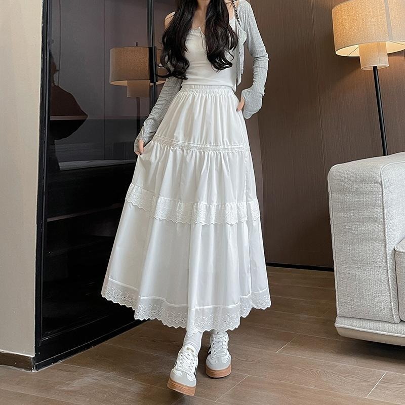 白色蕾絲蛋糕裙 蓬蓬半身裙 鬆緊腰長裙 (S-XL) | kukuta-細節圖2