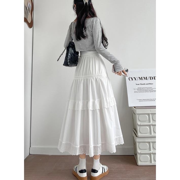 白色蕾絲蛋糕裙 蓬蓬半身裙 鬆緊腰長裙 (S-XL) | kukuta-細節圖3