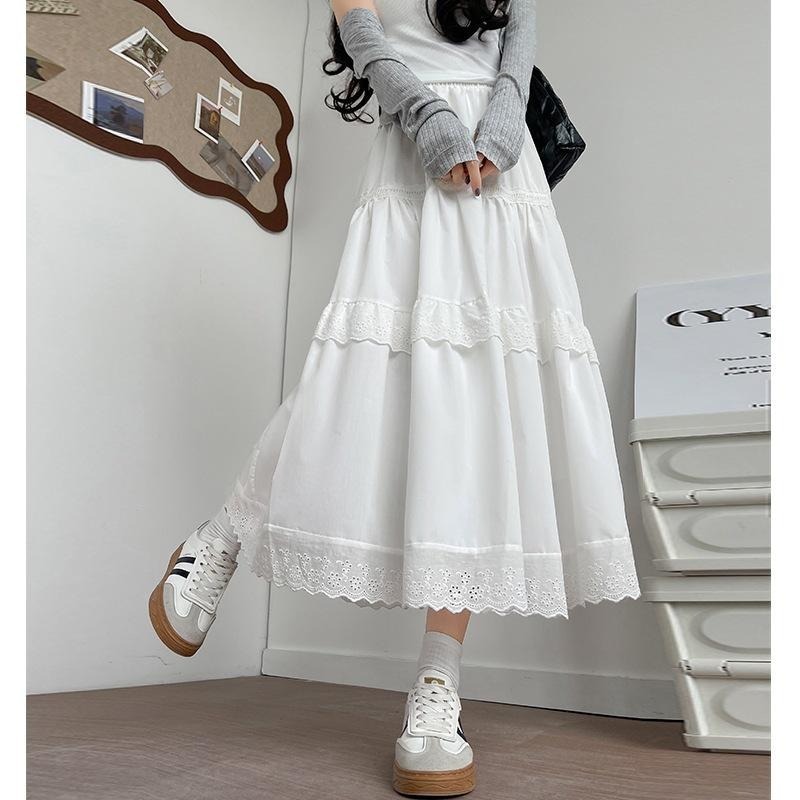 白色蕾絲蛋糕裙 蓬蓬半身裙 鬆緊腰長裙 (S-XL) | kukuta-細節圖5