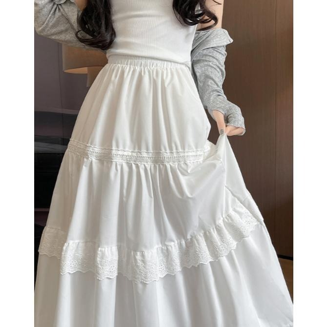 白色蕾絲蛋糕裙 蓬蓬半身裙 鬆緊腰長裙 (S-XL) | kukuta-細節圖6