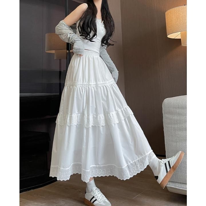 白色蕾絲蛋糕裙 蓬蓬半身裙 鬆緊腰長裙 (S-XL) | kukuta-細節圖7