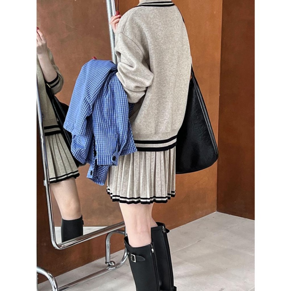 韓系學院風polo領針織上衣+高腰百褶短裙套裝 | kukuta-細節圖2