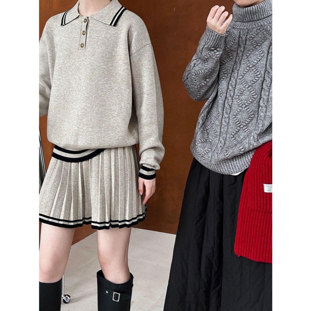 韓系學院風polo領針織上衣+高腰百褶短裙套裝 | kukuta-細節圖5