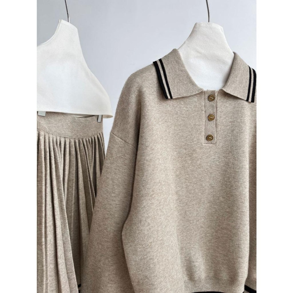 韓系學院風polo領針織上衣+高腰百褶短裙套裝 | kukuta-細節圖8