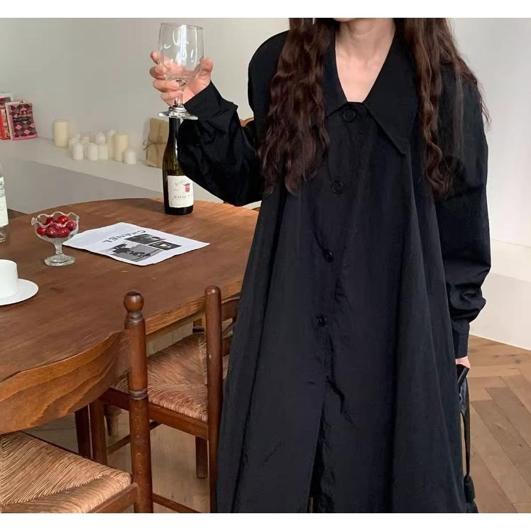 懶人穿搭 翻領單排扣襯衫連身裙 長版襯衫 大尺碼 寬鬆 長裙 *2色 | kukuta-細節圖2