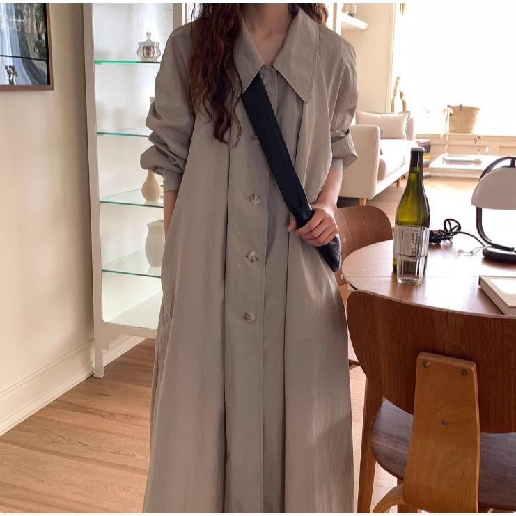 懶人穿搭 翻領單排扣襯衫連身裙 長版襯衫 大尺碼 寬鬆 長裙 *2色 | kukuta-細節圖6