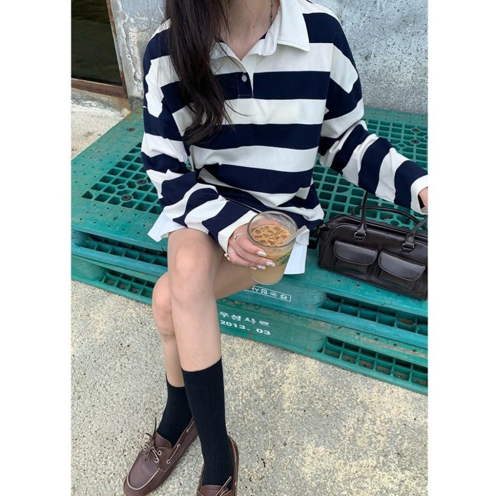 學院風翻領百搭條紋polo上衣 | kukuta-細節圖2