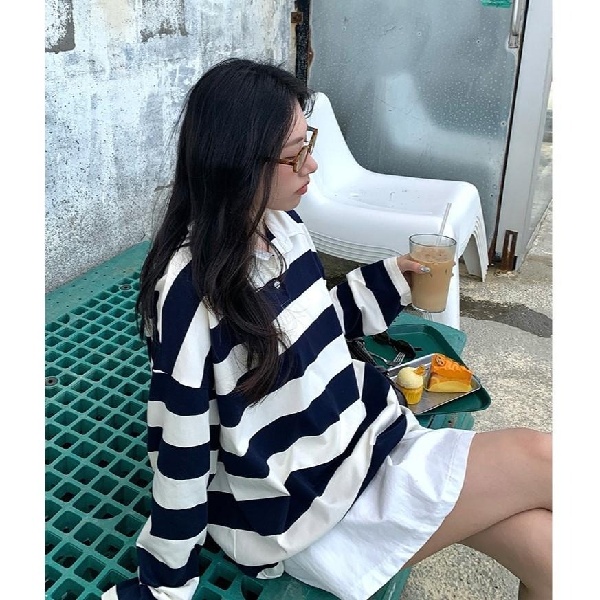 學院風翻領百搭條紋polo上衣 | kukuta-細節圖4