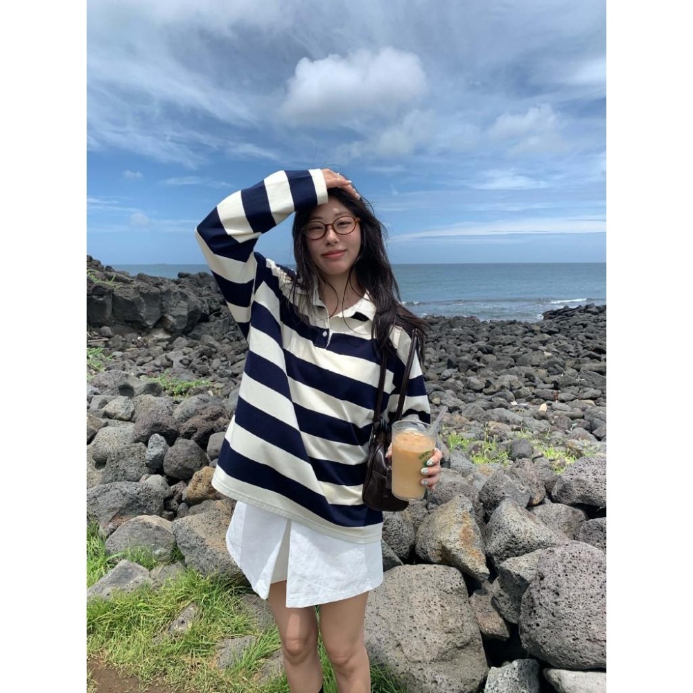 學院風翻領百搭條紋polo上衣 | kukuta-細節圖6