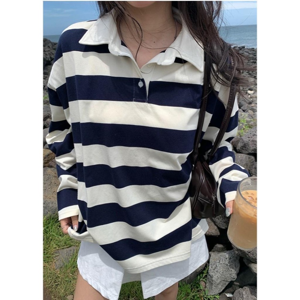 學院風翻領百搭條紋polo上衣 | kukuta-細節圖7