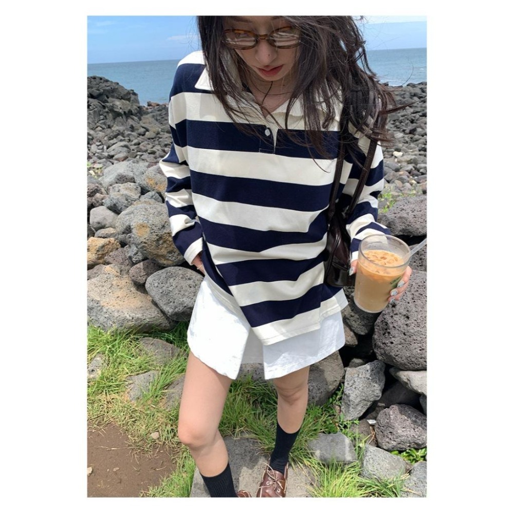 學院風翻領百搭條紋polo上衣 | kukuta-細節圖9